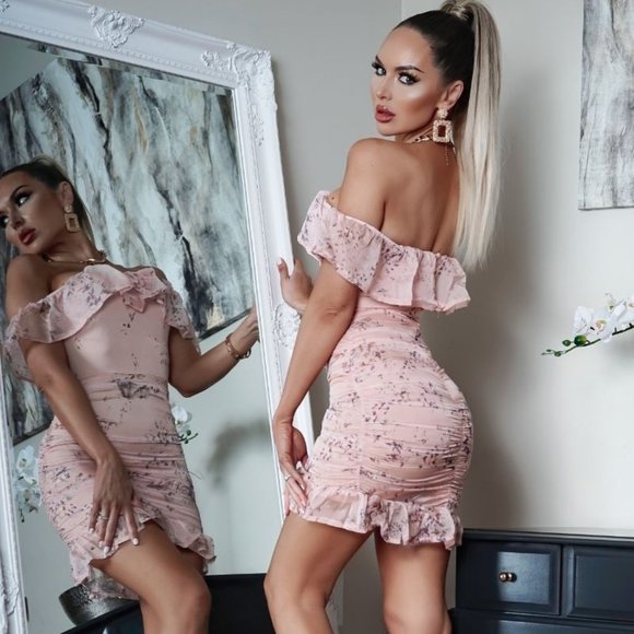 Floral Off Shoulder Frill Hem Bodycon Mini Dress - Picture 2 of 5